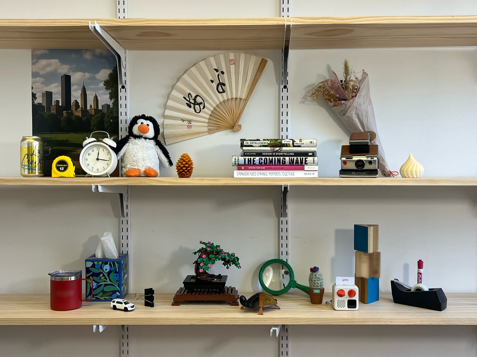 Shelves of everyday objects used in the study: a clock, a penguin plush, a fan, books, a bonsai, a magnifying glass, blocks and more