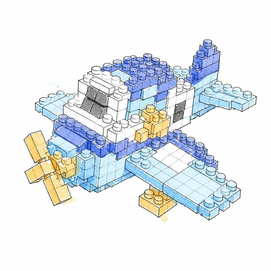 An AI-generated illustration of an airplane built from blue and white LEGO bricks