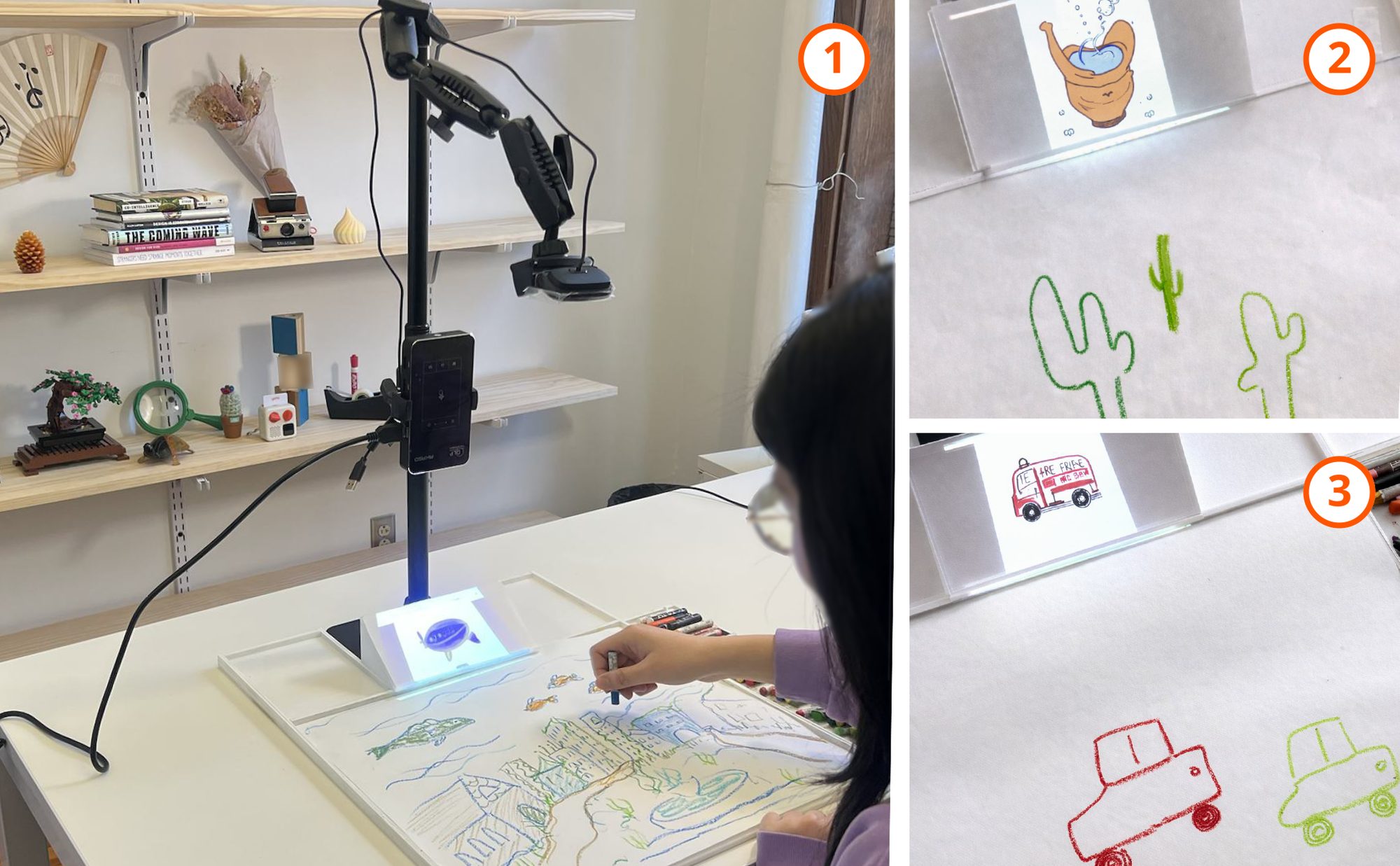 A participant drawing at Magic Easel with projected AI inspirations