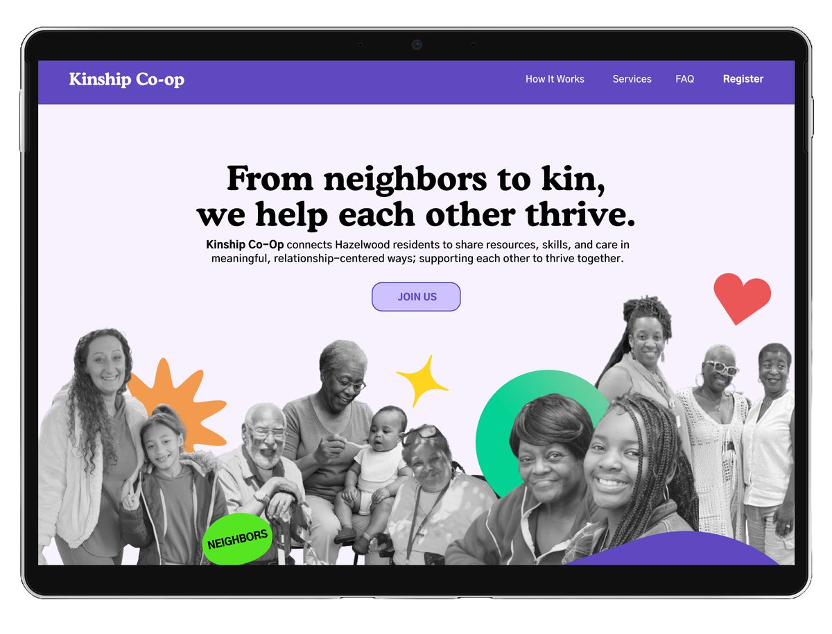 Kinship Co-Op website on a laptop: From neighbors to kin, we help each other thrive