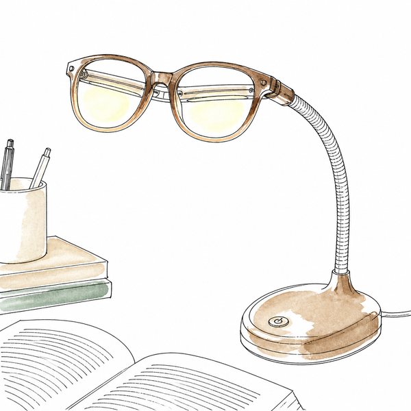 Step 2: a line and watercolor drawing of glasses and a reading lamp