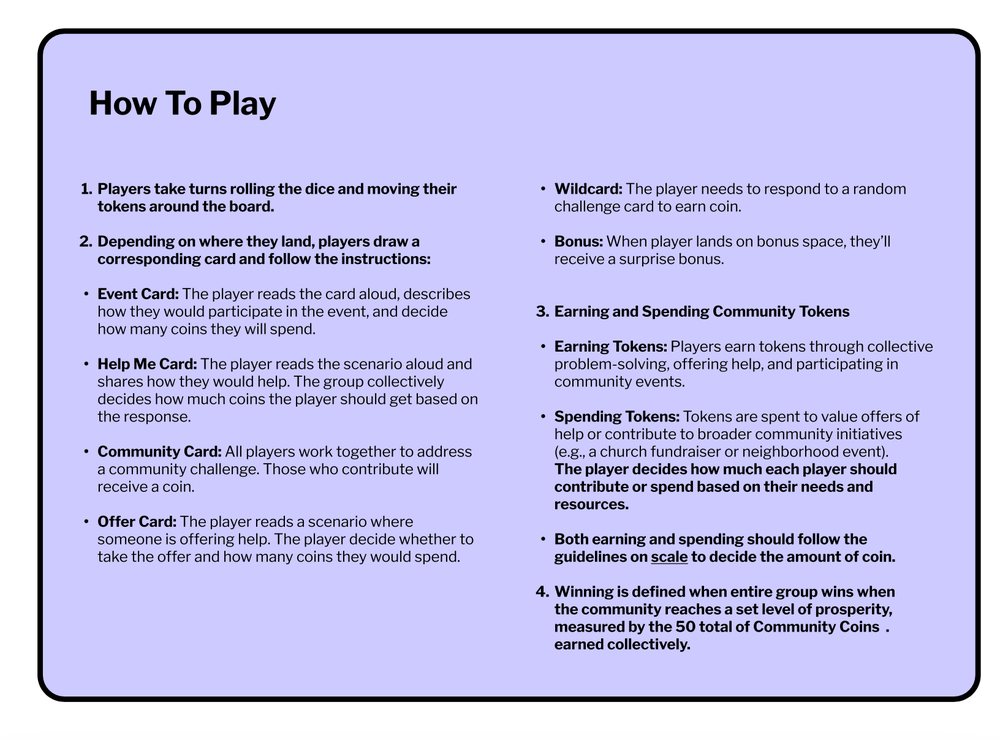 How to play: roll, draw a card, earn and spend community coins, win together
