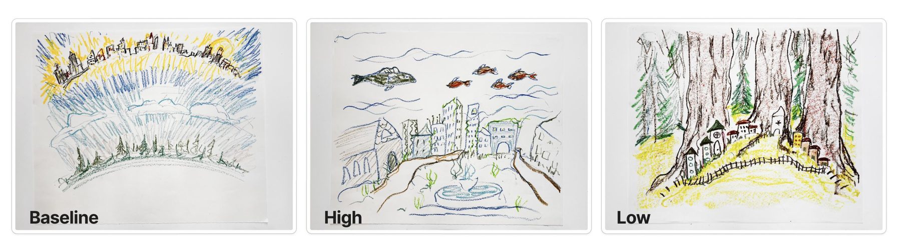 P31's three drawings: a skyline above clouds, an underwater city among ruins, a tiny village beneath towering trees