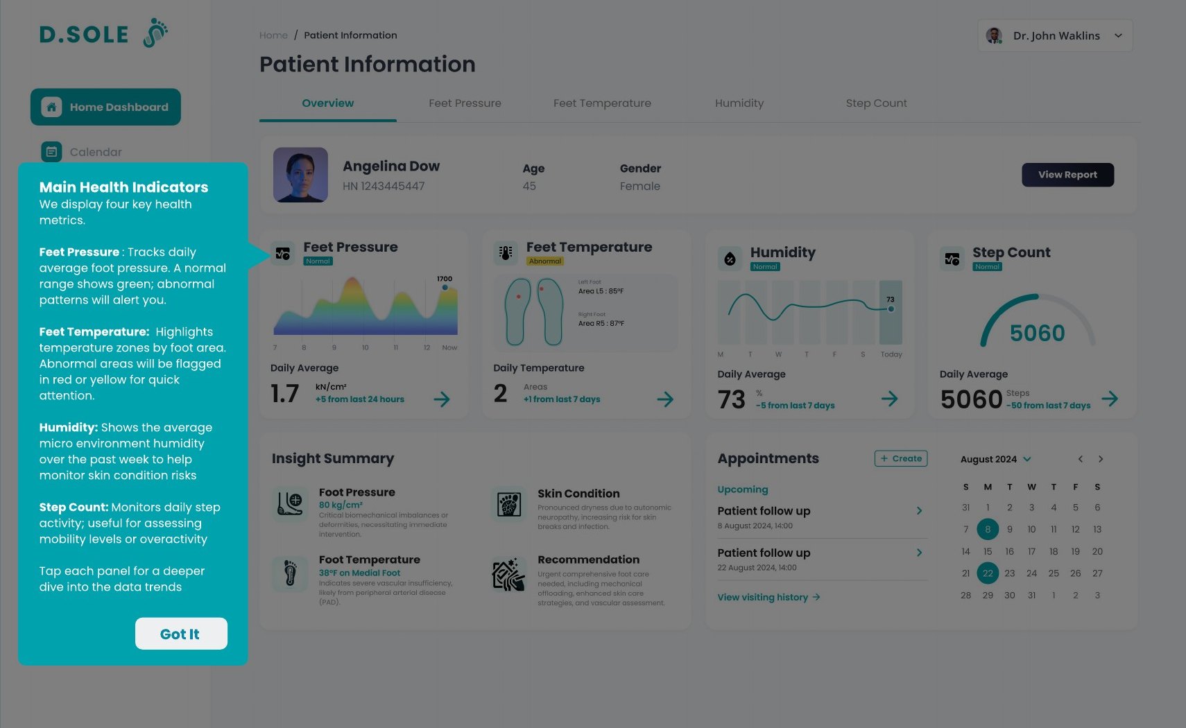 Dashboard with a teal onboarding tooltip explaining the main health indicators