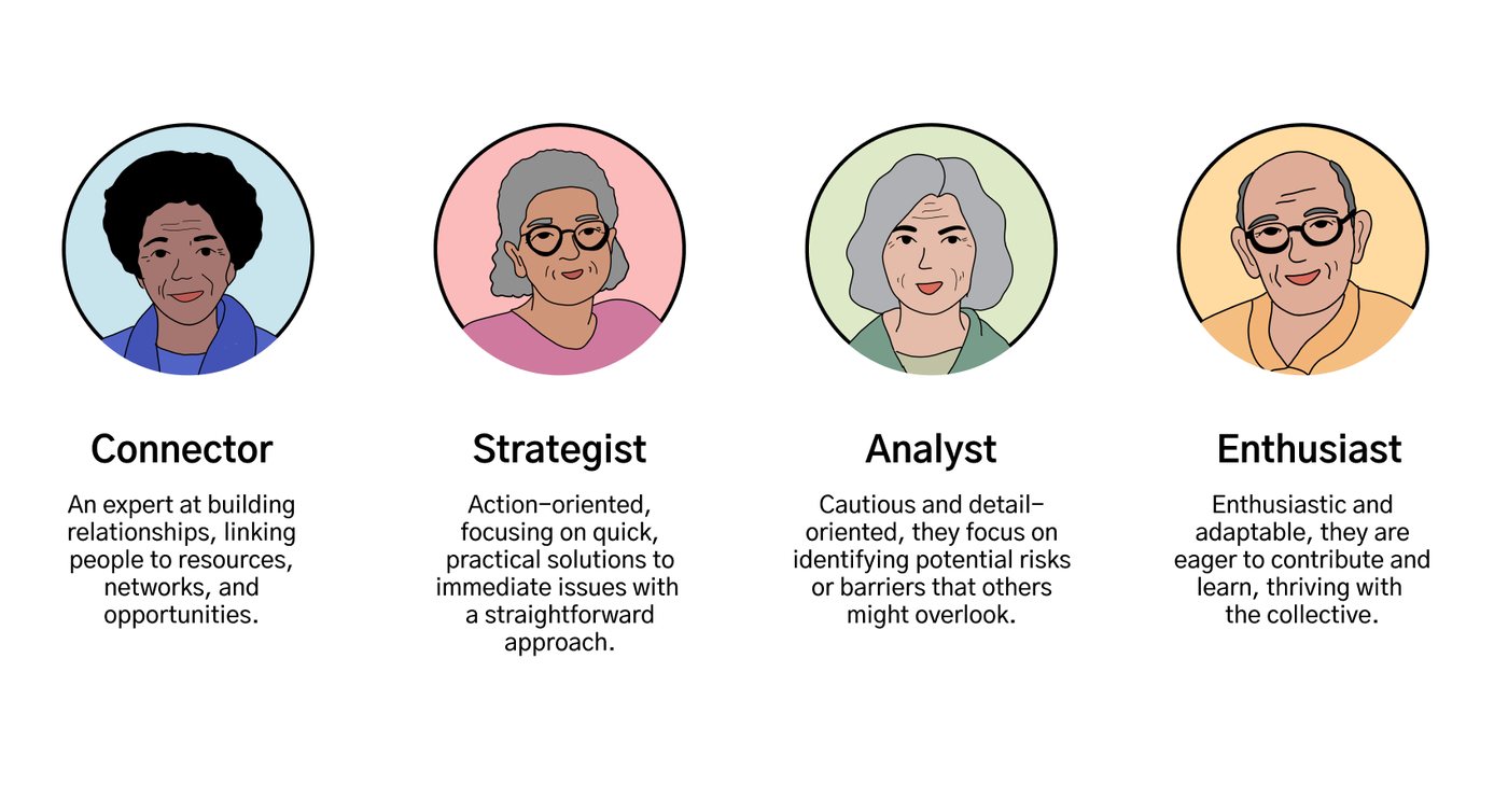 Four member archetypes: Connector, Strategist, Analyst, Enthusiast