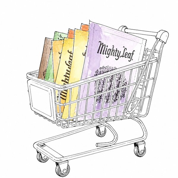 Step 2: a line and watercolor drawing of tea packets in a shopping cart