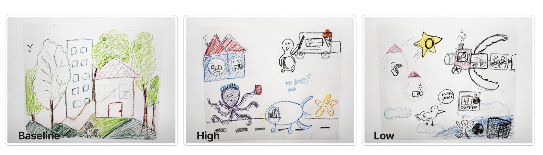P16's three drawings: an everyday forest scene, then a playful street with an octopus policeman, then a surreal sky world