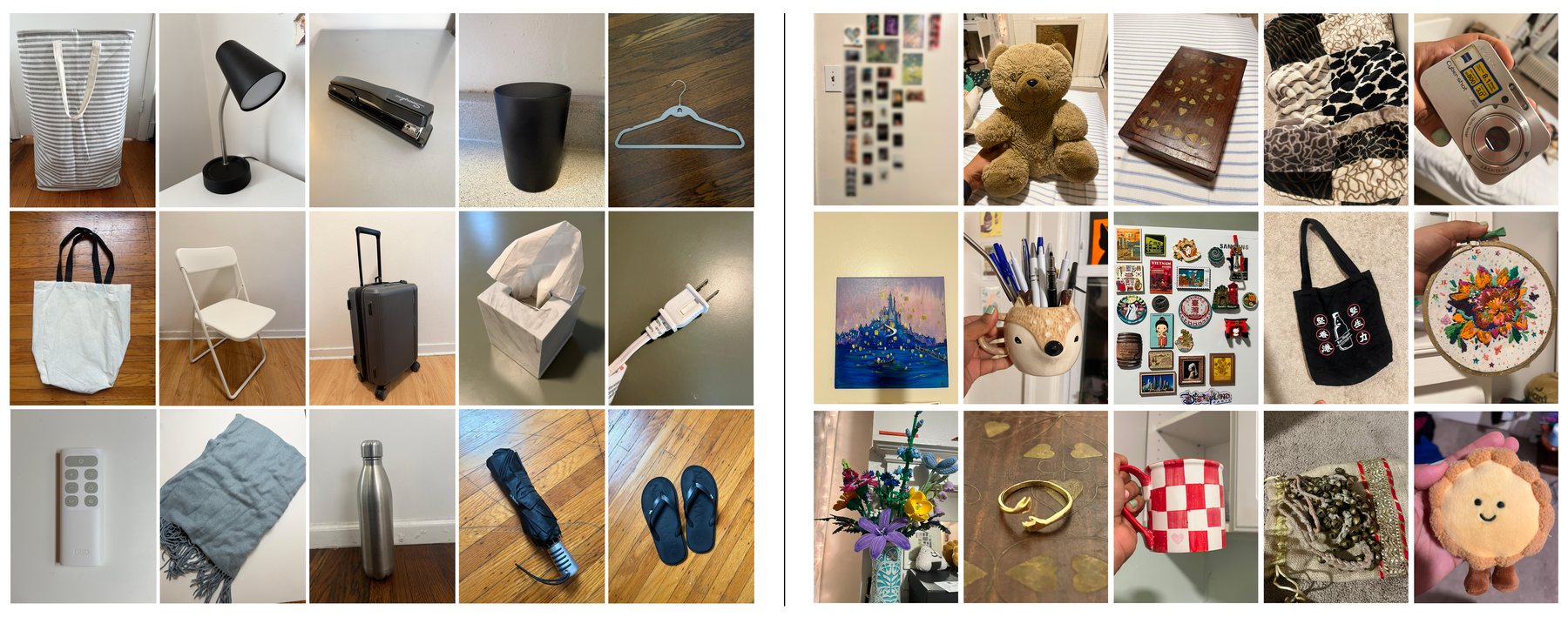 Two grids of fifteen object photos: one participant's personal objects, and the fixed set of generic everyday objects