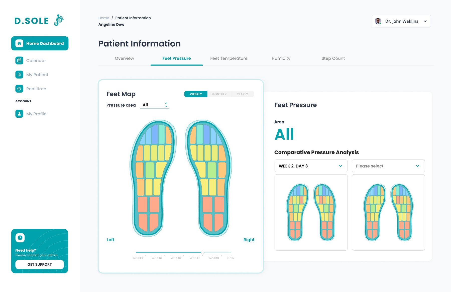 The MVP foot pressure map showing colored zones on both soles and a comparison panel