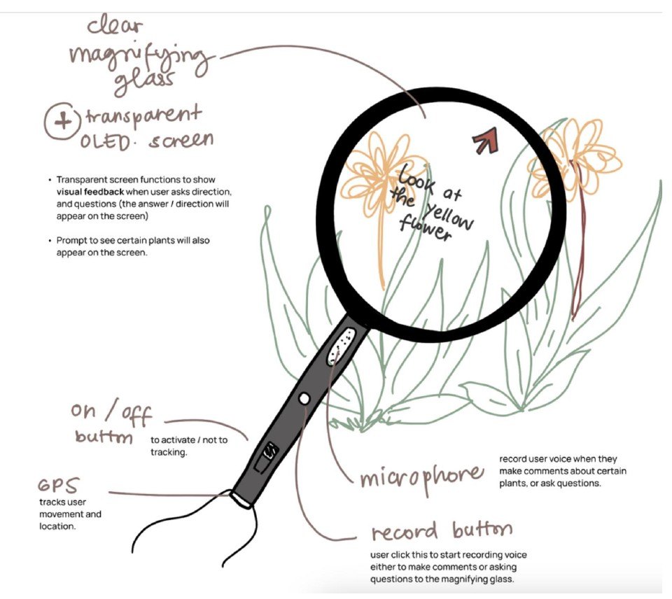 Sketch of a smart magnifying glass with a transparent screen, GPS, a microphone and a record button