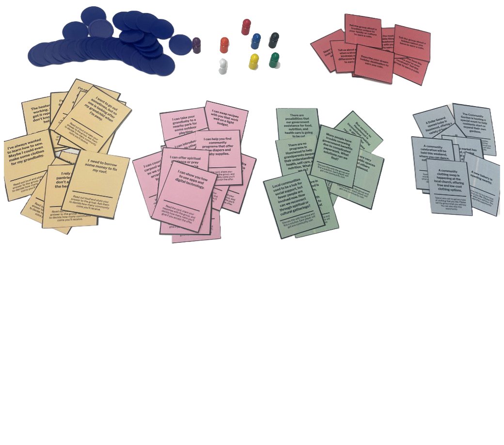 Game pieces: colored scenario card stacks, blue coins, dice and tokens